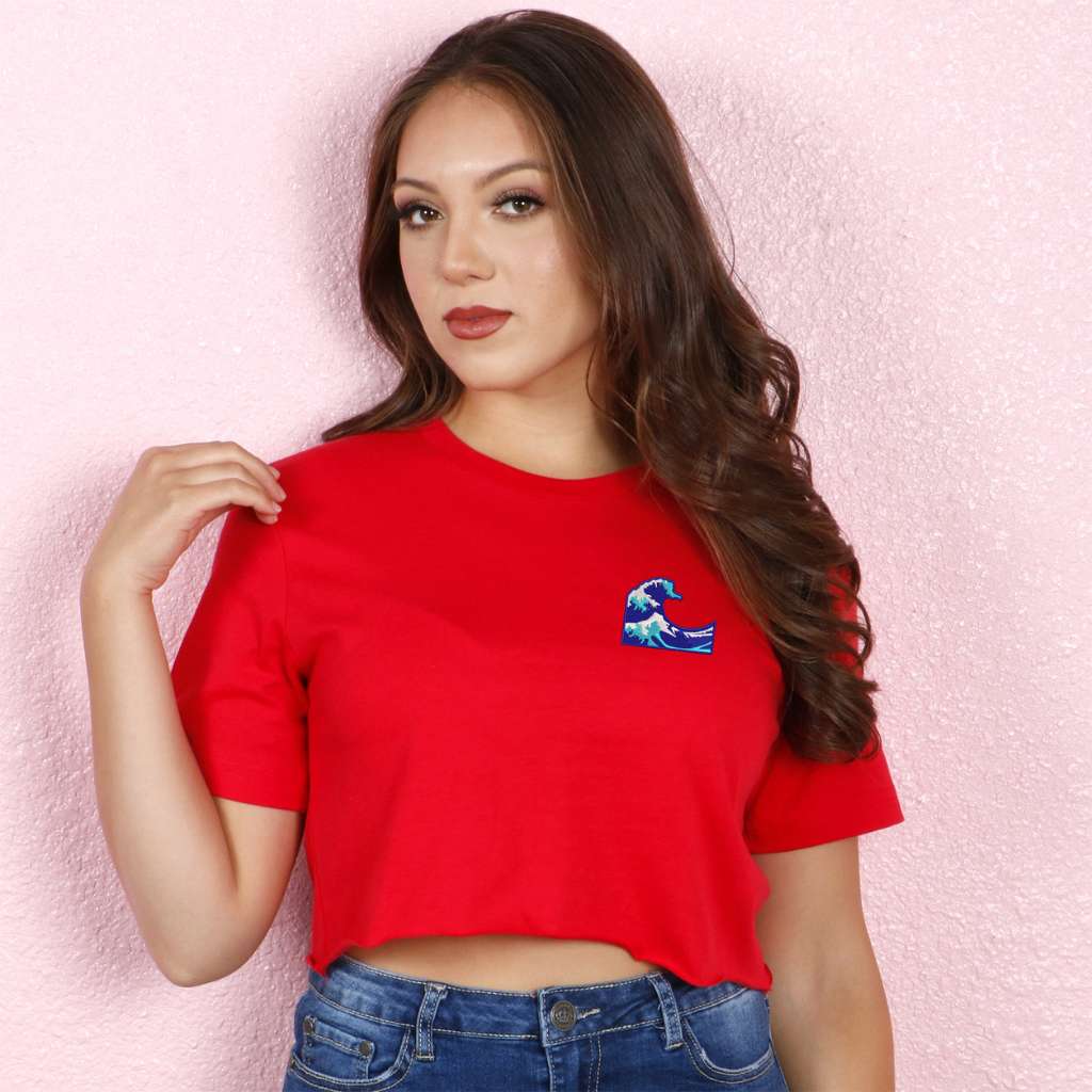 Female wearing a red crop top embroidered with a Wave - DSY Lifestyle