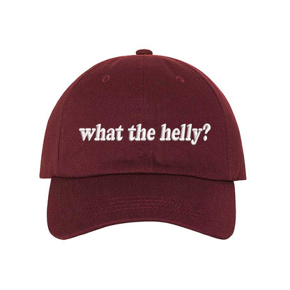 Burgundy What The Helly? Embroidered Baseball Hat with bold white stitching on a relaxed-fit cap, perfect for expressive everyday wear – DSY Lifestyle