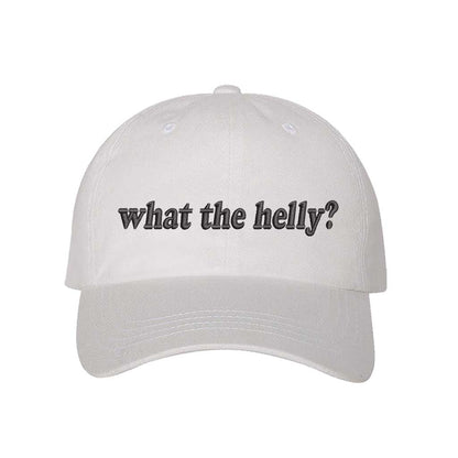 White What The Helly? Embroidered Baseball Hat with bold white stitching on a relaxed-fit cap, perfect for expressive everyday wear – DSY Lifestyle