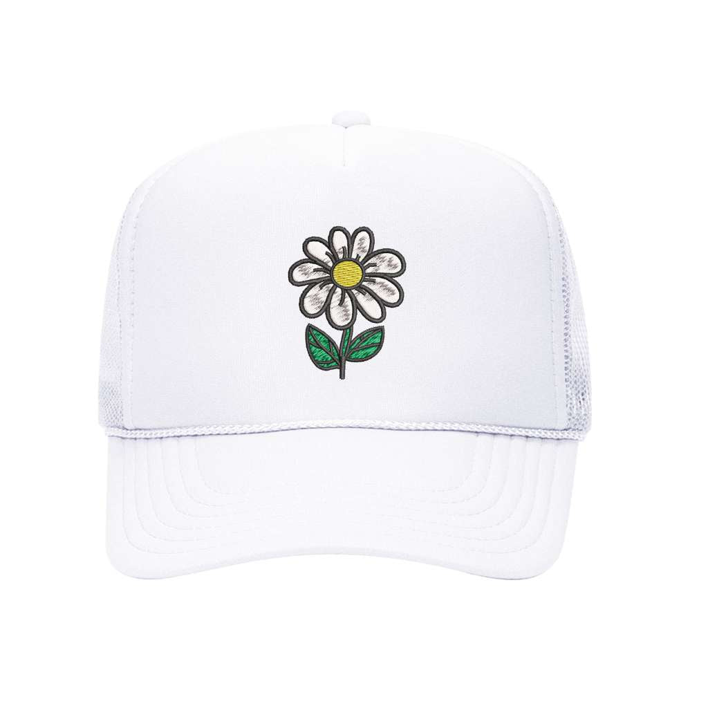White foam trucker hat embroidered with a daisy stem flower- DSY Lifestyle