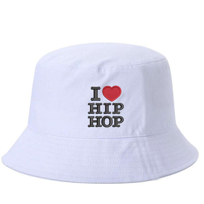 White bucket hat embroidered with the phrase i love hip hop but love is a heart-DSY Lifestyle