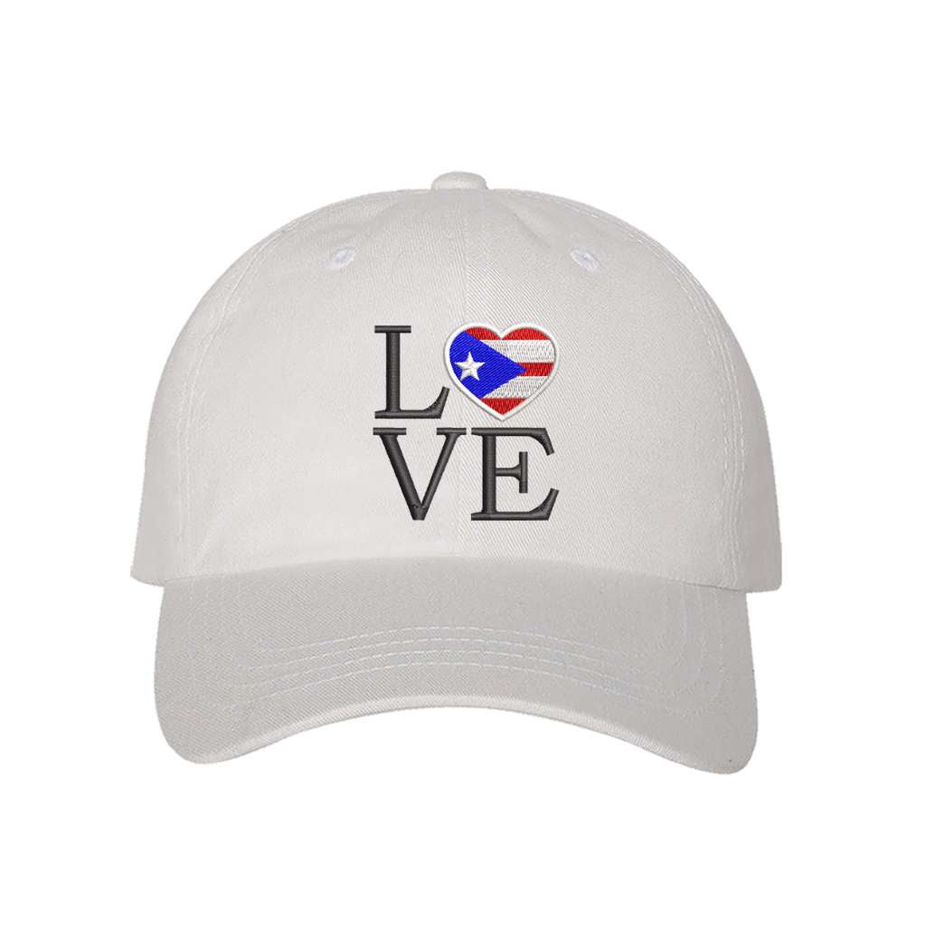 White baseball hat embroidered with the word love with the o being in the hsape of a heart with the puerto rico flag-DSY Lifestyle