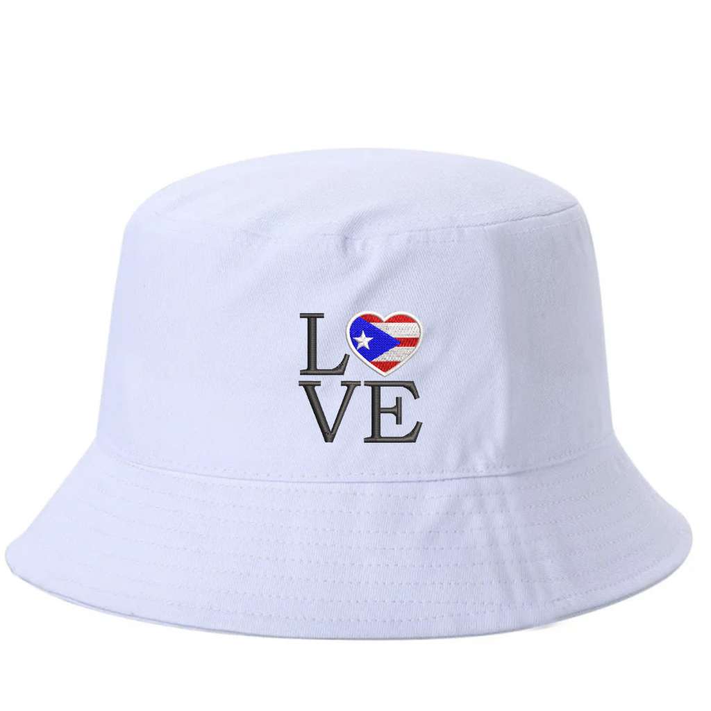 White bucket hag embroidered with the word love but the o is a heart and has the puerto rican flag inside- DSY Lifestyle