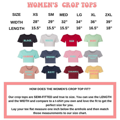 Womens Crop Tops Color and Size Chart- S, M, L, XL. 2XL - Black, White, Red, Mint, Cancun, Indigo, Pink, Heather Gray, Desert Pink, Navy, Cardinal, Banana Cream