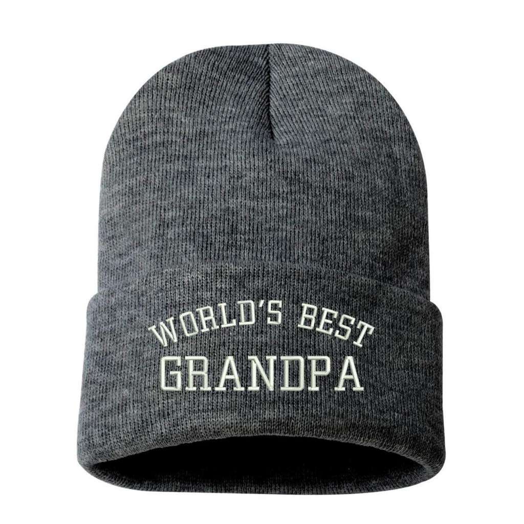 Dark Heather Gray cuffed beanie embroidered with World&