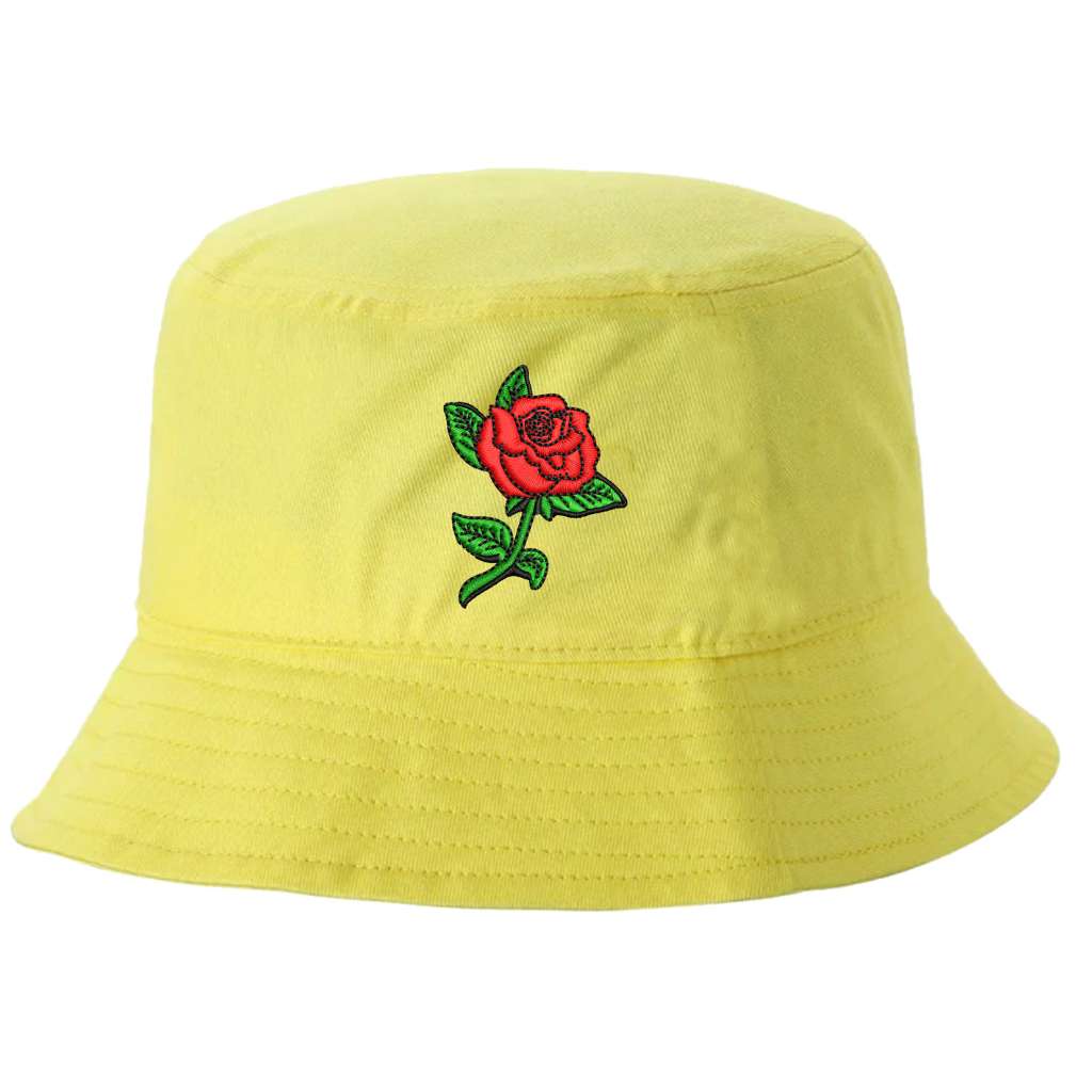 Yellow bucket hat embroidered with a rose stem on it-DSY Lifestyle