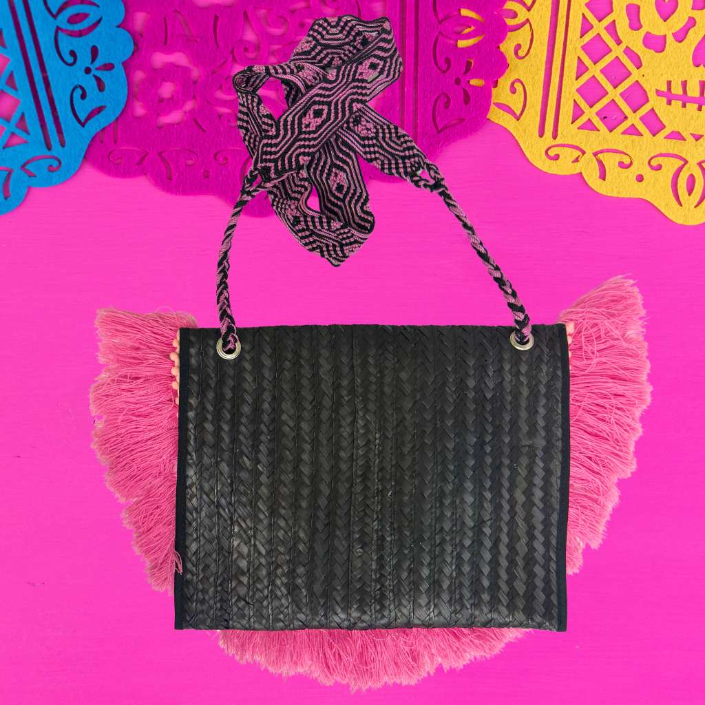 Black &amp; Hot Pink Mexican Palm Purse with tassels