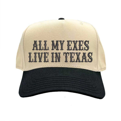 Natural Black Two-tone embroidered baseball hat reading “All My Exes Live in Texas,” styled on a country-inspired outfit with boots and denim for a playful retro look - DSY Lifestyle