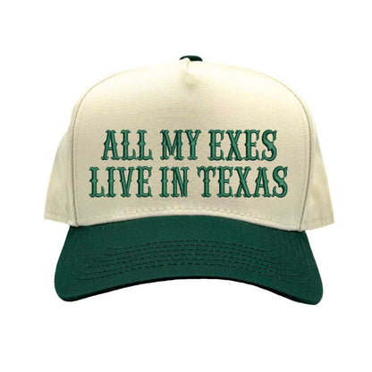Natural Forest Green Two-tone embroidered baseball hat reading “All My Exes Live in Texas,” styled on a country-inspired outfit with boots and denim for a playful retro look - DSY Lifestyle