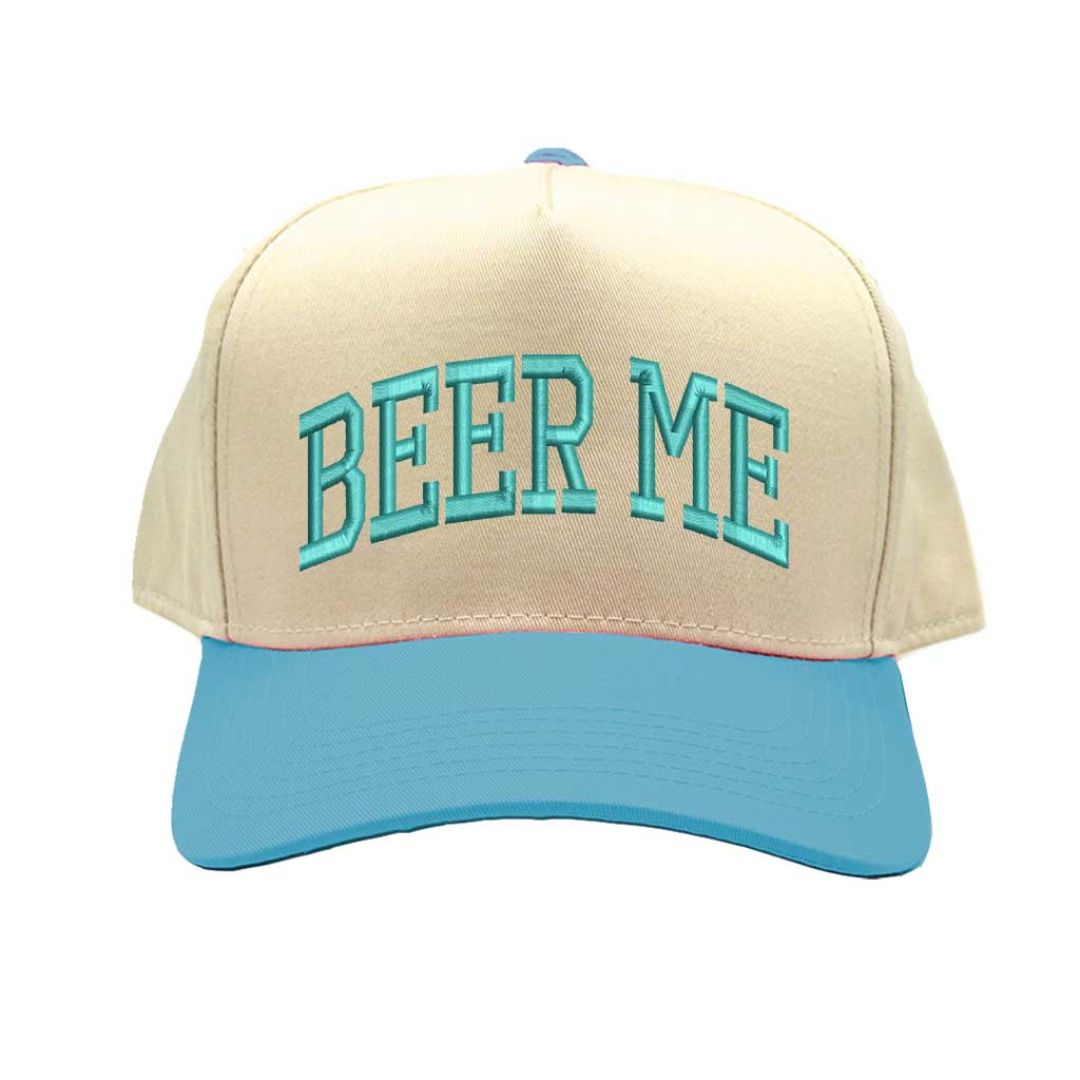 Natural Aqua Beer Me Two Tone 5 Panel Embroidered Baseball Hat with fun stitched design and adjustable snapback closure perfect for beer lovers and tailgates – DSY Lifestyle