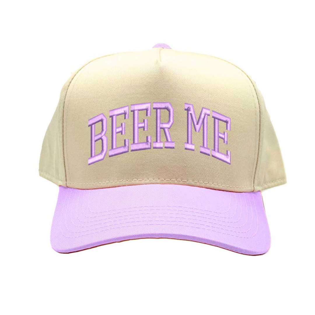 Natural Lavender Beer Me Two Tone 5 Panel Embroidered Baseball Hat with fun stitched design and adjustable snapback closure perfect for beer lovers and tailgates – DSY Lifestyle