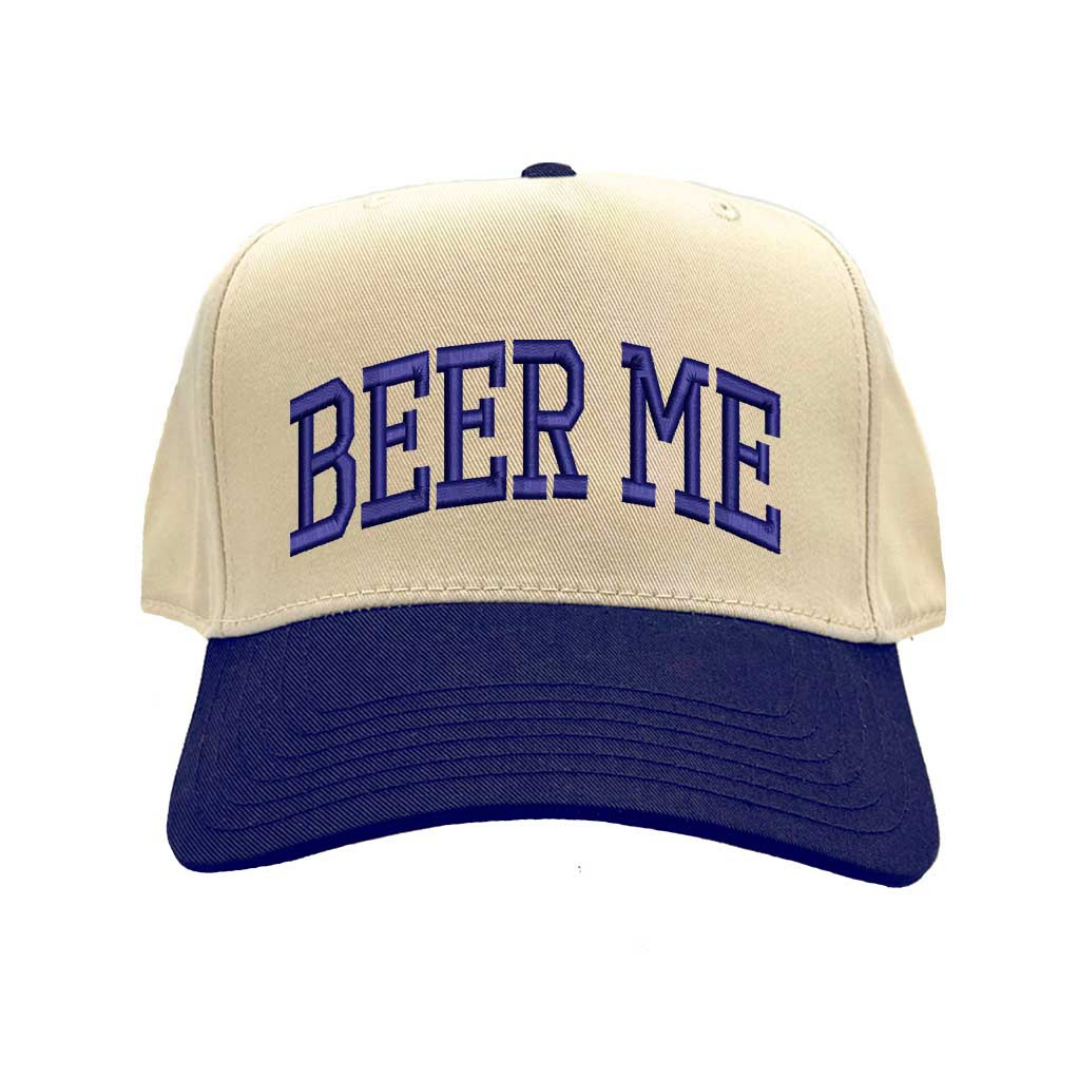 Natural Navy Blue Beer Me Two Tone 5 Panel Embroidered Baseball Hat with fun stitched design and adjustable snapback closure perfect for beer lovers and tailgates – DSY Lifestyle