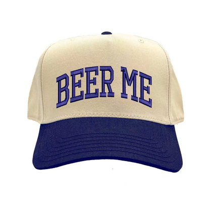 Natural Navy Blue Beer Me Two Tone 5 Panel Embroidered Baseball Hat with fun stitched design and adjustable snapback closure perfect for beer lovers and tailgates – DSY Lifestyle