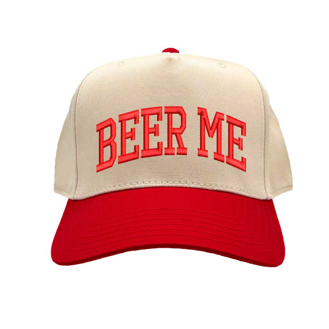 Natural Red Beer Me Two Tone 5 Panel Embroidered Baseball Hat with fun stitched design and adjustable snapback closure perfect for beer lovers and tailgates – DSY Lifestyle