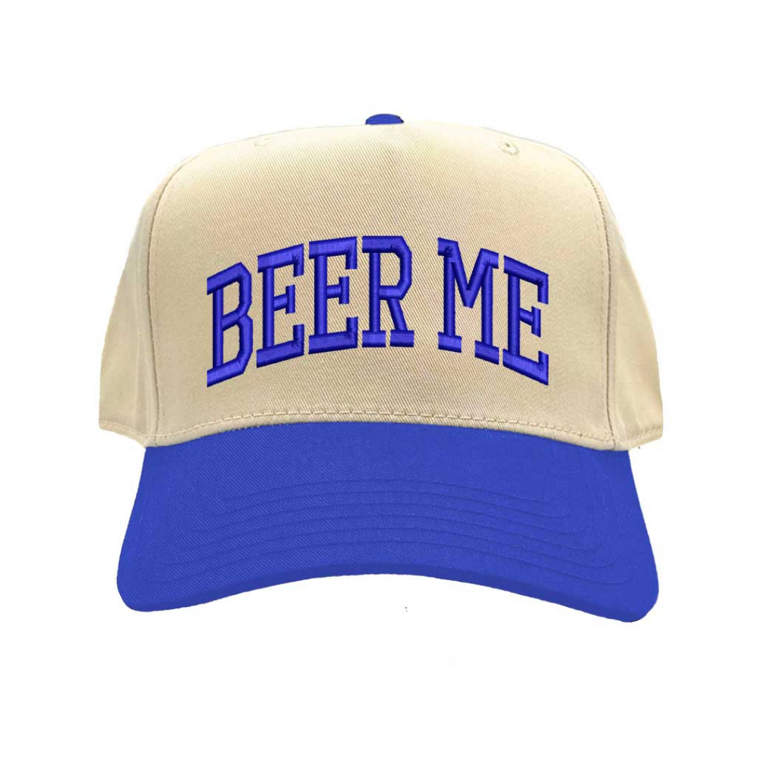 Natural Royal Blue Beer Me Two Tone 5 Panel Embroidered Baseball Hat with fun stitched design and adjustable snapback closure perfect for beer lovers and tailgates – DSY Lifestyle