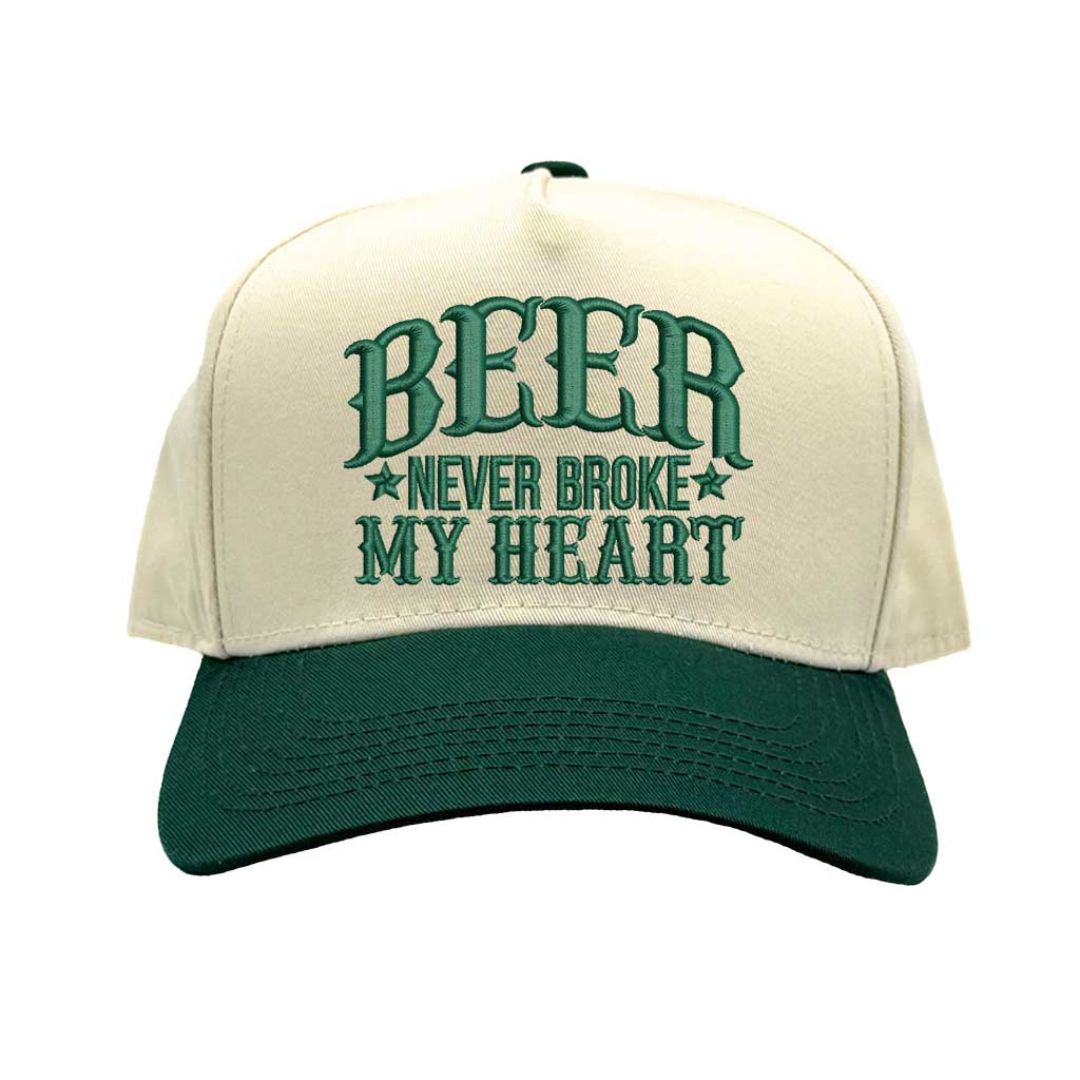 Close-up of Natural Forest Green “Beer Never Broke My Heart” embroidery on two-tone baseball cap – DSY Lifestyle
