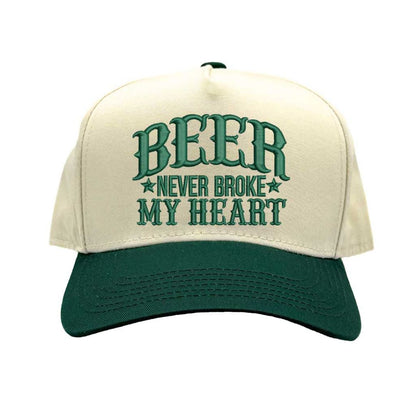 Close-up of Natural Forest Green “Beer Never Broke My Heart” embroidery on two-tone baseball cap – DSY Lifestyle