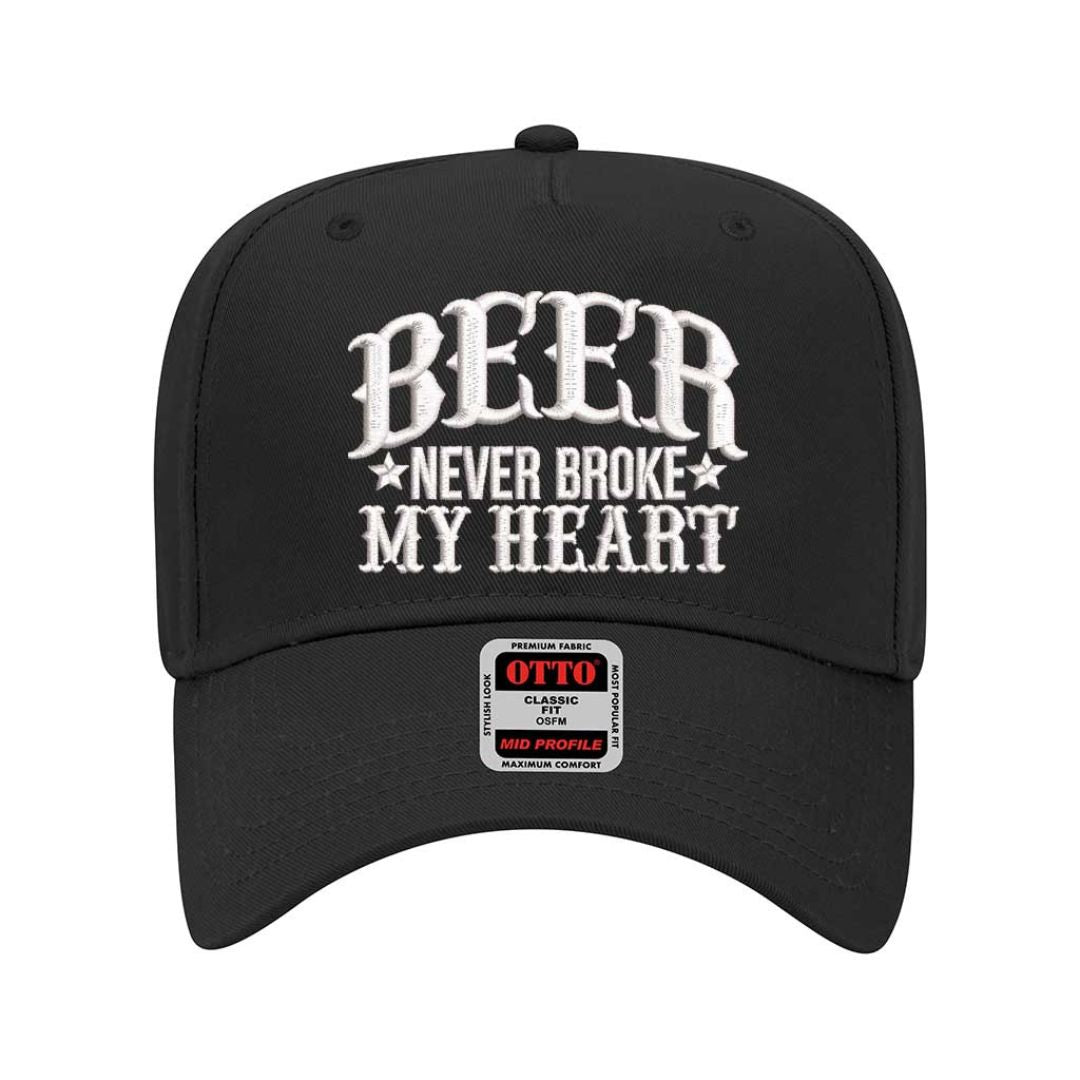 Close-up of Solid Black “Beer Never Broke My Heart” embroidery on two-tone 5 panel baseball cap – DSY Lifestyle