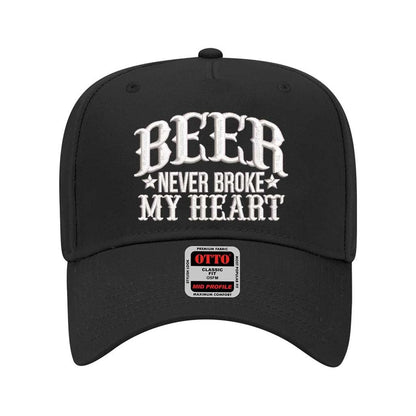 Close-up of Solid Black “Beer Never Broke My Heart” embroidery on two-tone 5 panel baseball cap – DSY Lifestyle