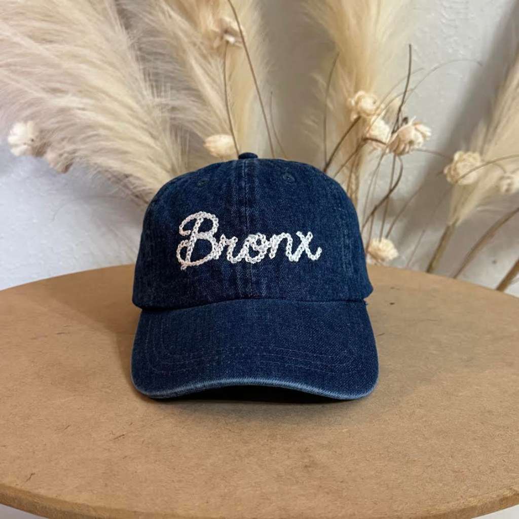 Dark Denim Bronx Chain Stitch Embroidered Baseball Hat with vintage-style embroidery - DSY Lifestyle