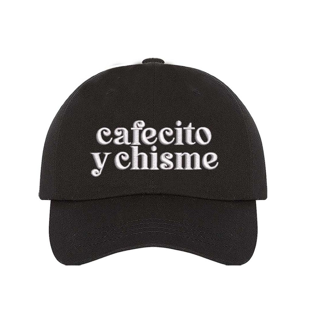 Black Cafecito y Chisme embroidered baseball hat with adjustable closure, funny Spanish saying hat for coffee and gossip lovers – DSY Lifestyle.
