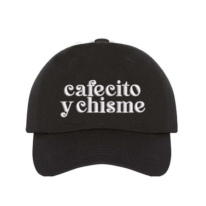 Black Cafecito y Chisme embroidered baseball hat with adjustable closure, funny Spanish saying hat for coffee and gossip lovers – DSY Lifestyle.