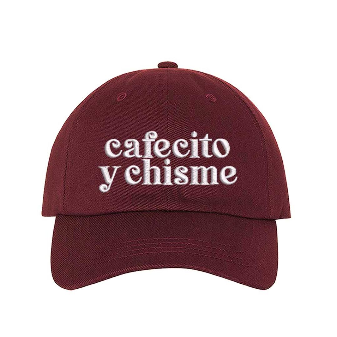 Burgundy Cafecito y Chisme embroidered baseball hat with adjustable closure, funny Spanish saying hat for coffee and gossip lovers – DSY Lifestyle.