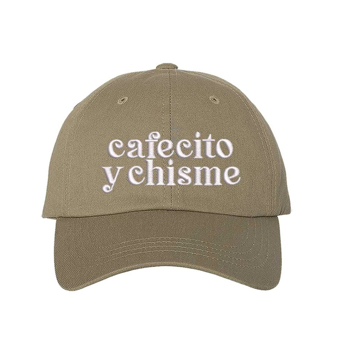 Khaki Cafecito y Chisme embroidered baseball hat with adjustable closure, funny Spanish saying hat for coffee and gossip lovers – DSY Lifestyle.