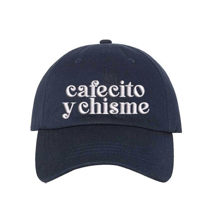 Navy Blue Cafecito y Chisme embroidered baseball hat with adjustable closure, funny Spanish saying hat for coffee and gossip lovers – DSY Lifestyle.