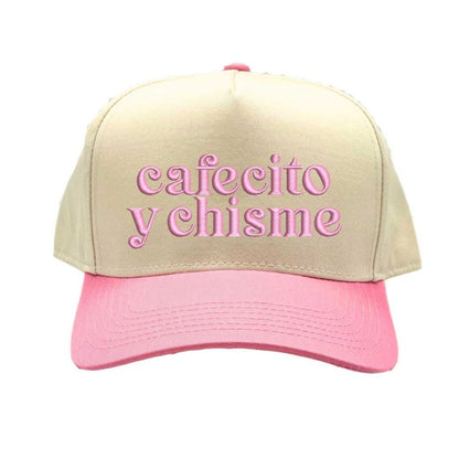 Natural Light Pink Cafecito y Chisme Two-Tone Embroidered Baseball Hat front view - DSY Lifestyle