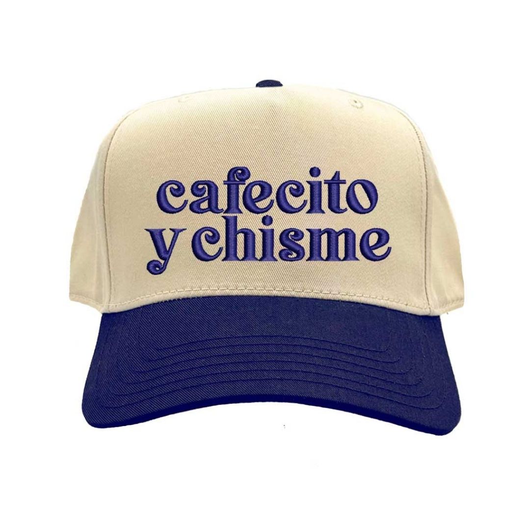 Natural Navy Blue Cafecito y Chisme Two-Tone Embroidered Baseball Hat front view - DSY Lifestyle