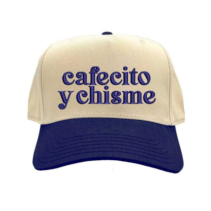 Natural Navy Blue Cafecito y Chisme Two-Tone Embroidered Baseball Hat front view - DSY Lifestyle