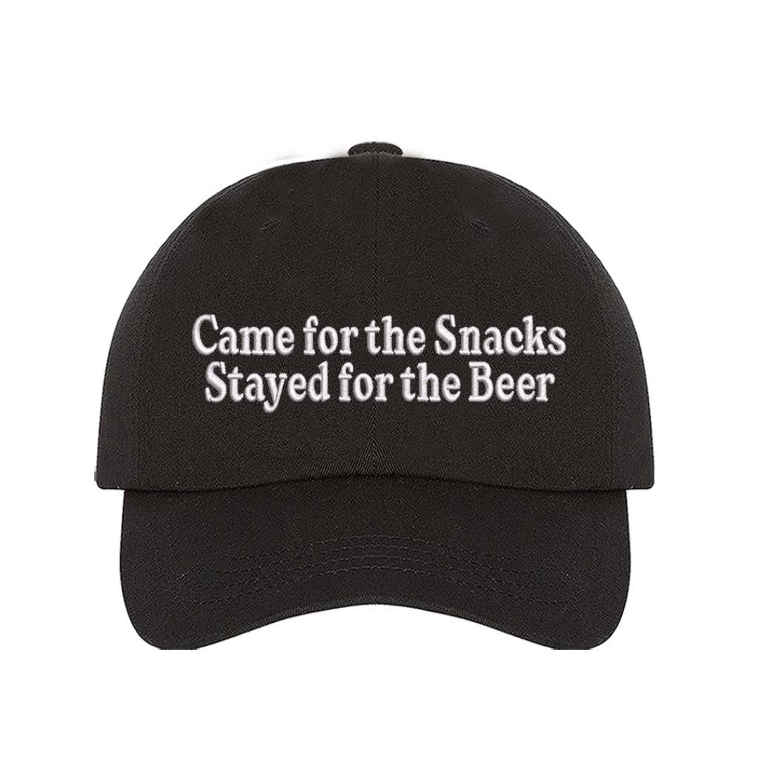 Black Came for the Snacks Stayed for the Beer Embroidered Baseball Hat featuring premium embroidery, breathable cotton, and an adjustable strapback design. – DSY Lifestyle