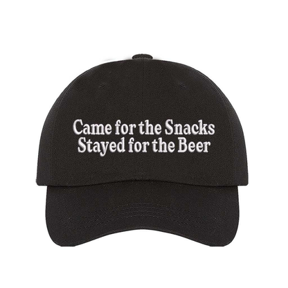 Black Came for the Snacks Stayed for the Beer Embroidered Baseball Hat featuring premium embroidery, breathable cotton, and an adjustable strapback design. – DSY Lifestyle