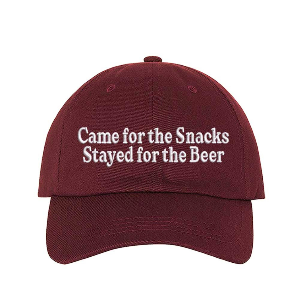 Burgundy Came for the Snacks Stayed for the Beer Embroidered Baseball Hat featuring premium embroidery, breathable cotton, and an adjustable strapback design. – DSY Lifestyle