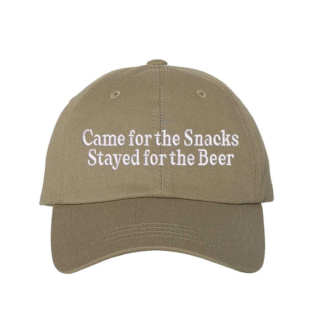 Khaki Came for the Snacks Stayed for the Beer Embroidered Baseball Hat featuring premium embroidery, breathable cotton, and an adjustable strapback design. – DSY Lifestyle