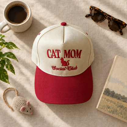 Cat Mom Social Club two-tone embroidered trucker hat styled flat lay