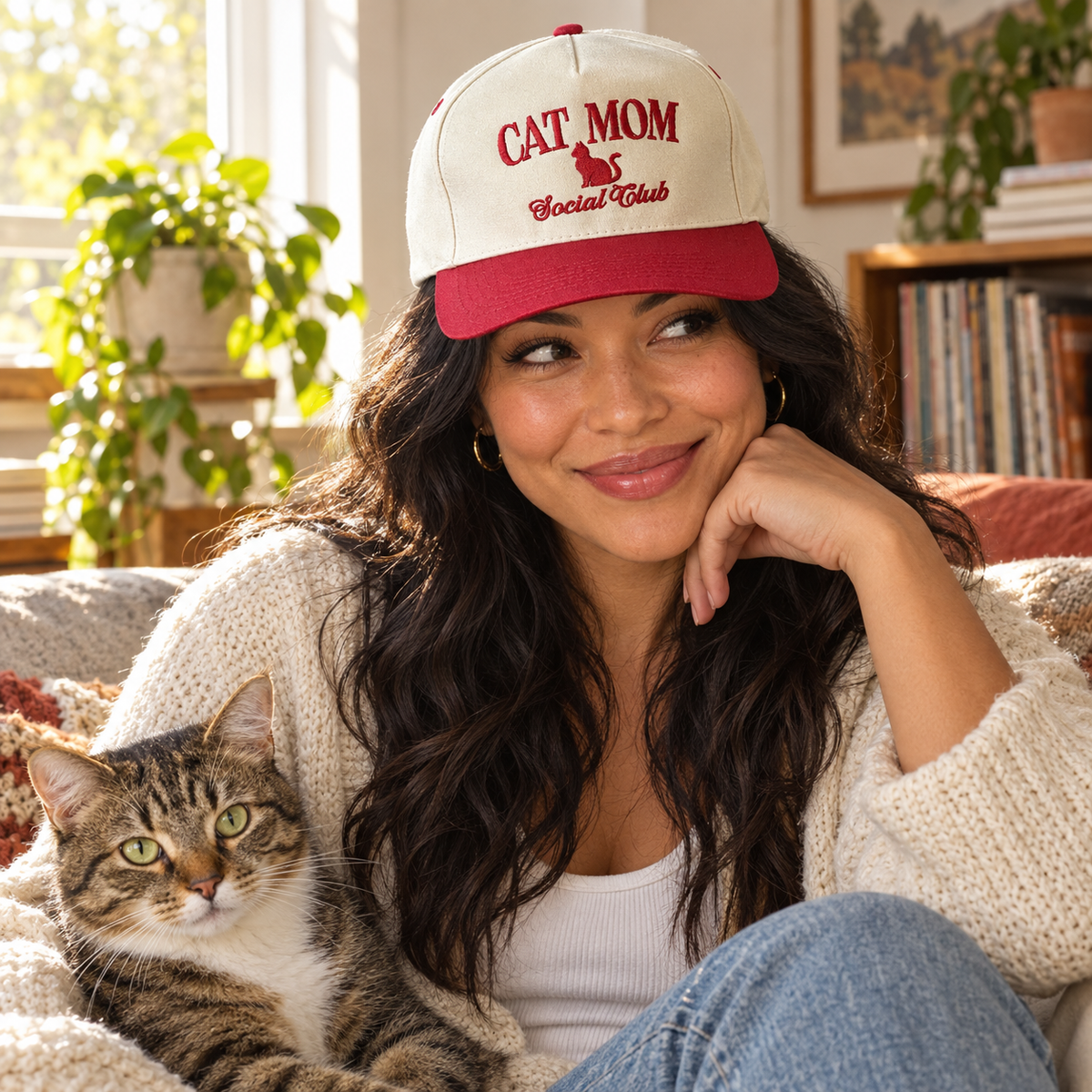 Model wearing the Cat Mom Social Club embroidered two-tone trucker hat