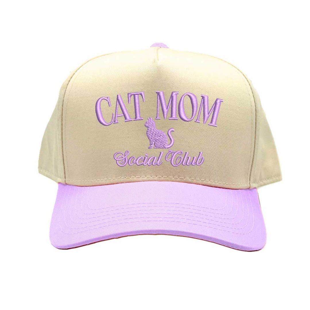 Natural Lavender Cat Mom Social Club Two-Tone Embroidered Baseball Hat front view - DSY Lifestyle