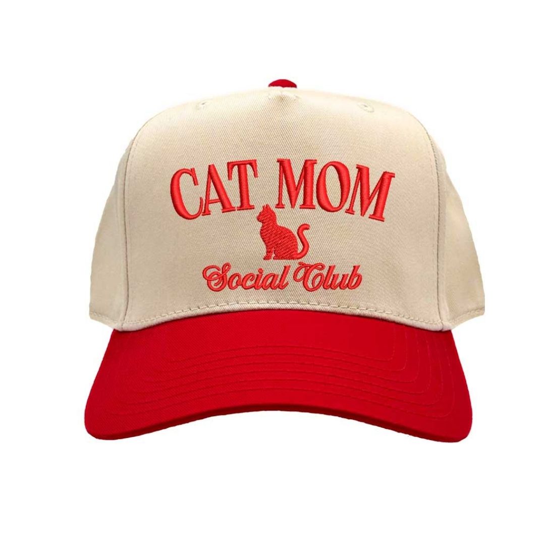 Natural Red Cat Mom Social Club Two-Tone Embroidered Baseball Hat front view - DSY Lifestyle