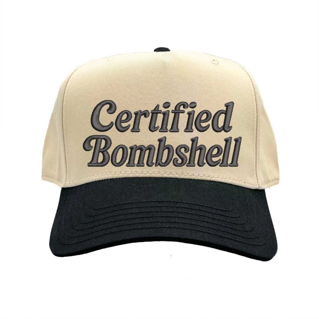 Natural Black Embroidered baseball hat with the phrase “Certified Bombshell” on the front; trendy unstructured design with adjustable strap for women DSY Lifestyle