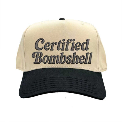 Natural Black Embroidered baseball hat with the phrase “Certified Bombshell” on the front; trendy unstructured design with adjustable strap for women DSY Lifestyle