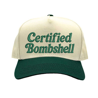 Natural Forest Green Embroidered baseball hat with the phrase “Certified Bombshell” on the front; trendy unstructured design with adjustable strap for women DSY Lifestyle