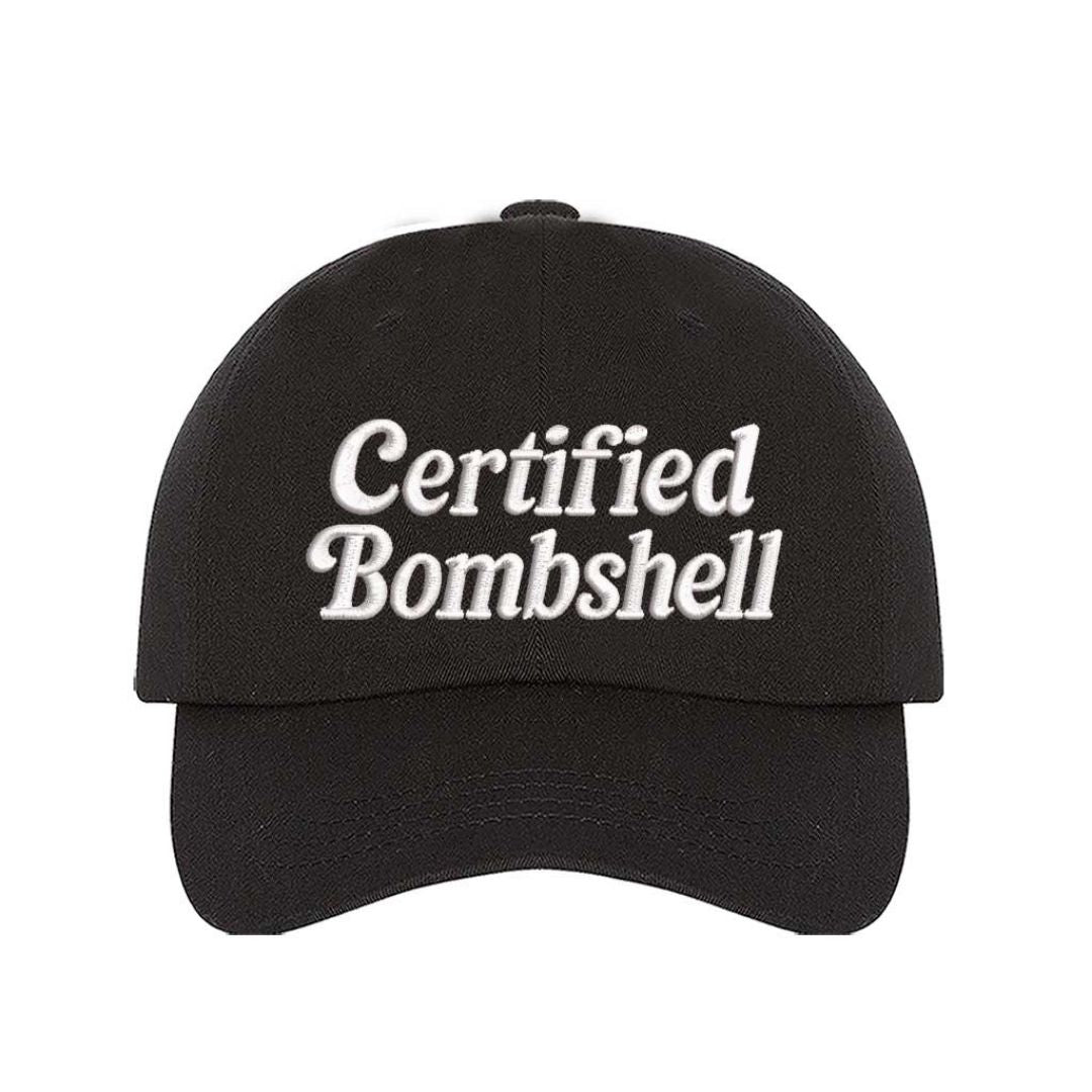 Black Certified Bombshell Embroidered Baseball Cap with adjustable strap and curved visor - DSY Lifestyle