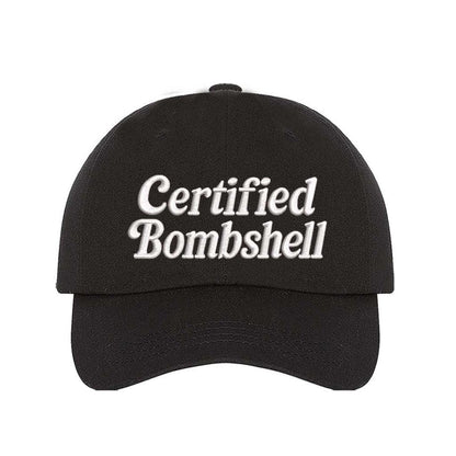 Black Certified Bombshell Embroidered Baseball Cap with adjustable strap and curved visor - DSY Lifestyle