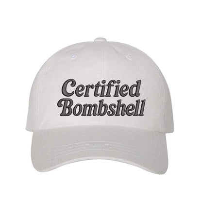 White Certified Bombshell Embroidered Baseball Cap with adjustable strap and curved visor - DSY Lifestyle