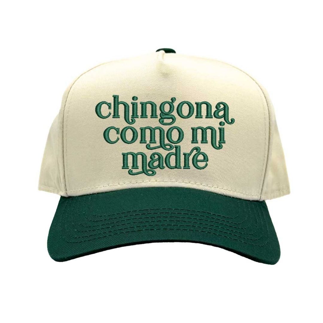 Natural Forest Green Chingona Como Mi Madre Two-Tone Embroidered Baseball Hat front view - DSY Lifestyle