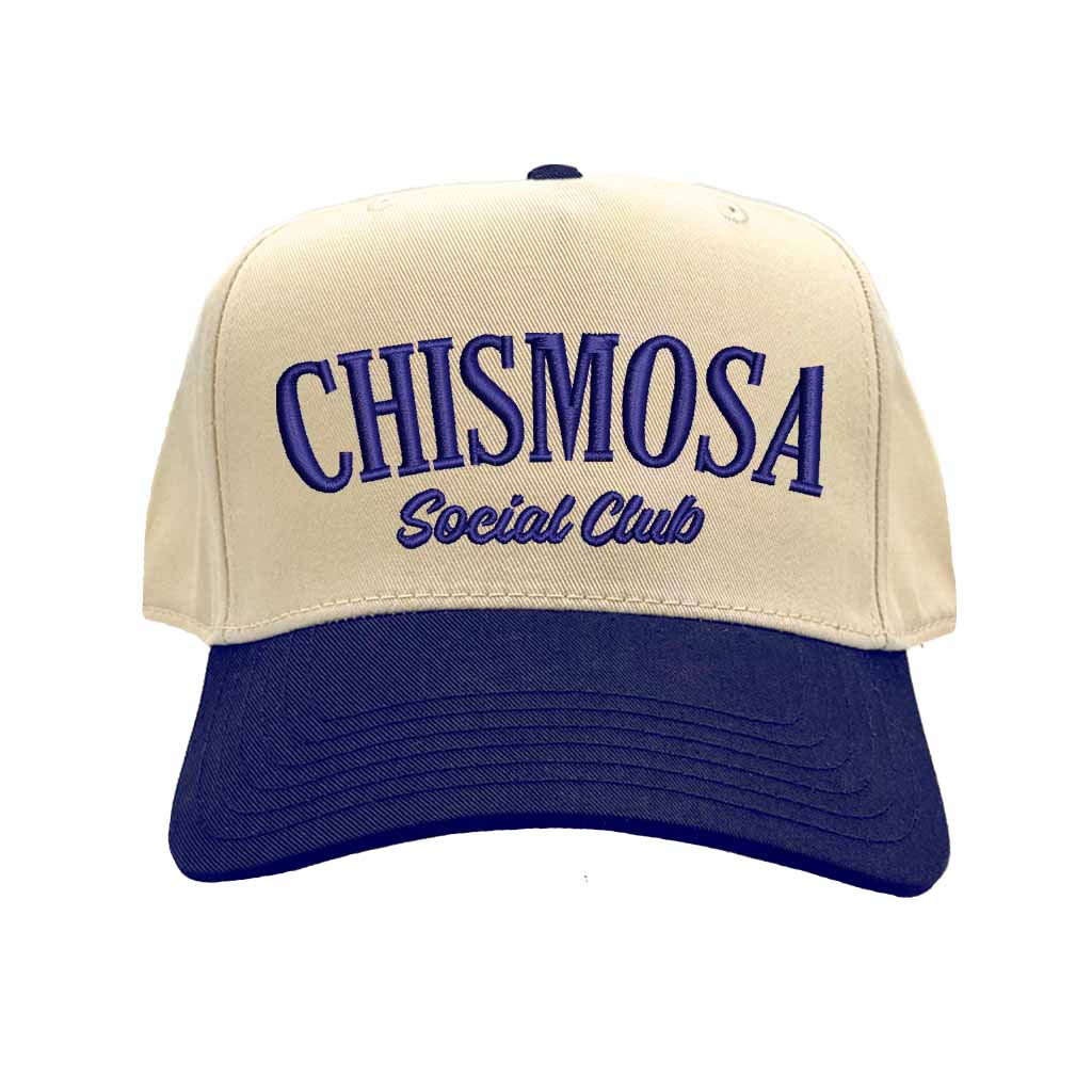 Natural Navy Blue Chismosa Social Club embroidered 5 panel baseball hat with premium stitching and adjustable strap – DSY Lifestyle