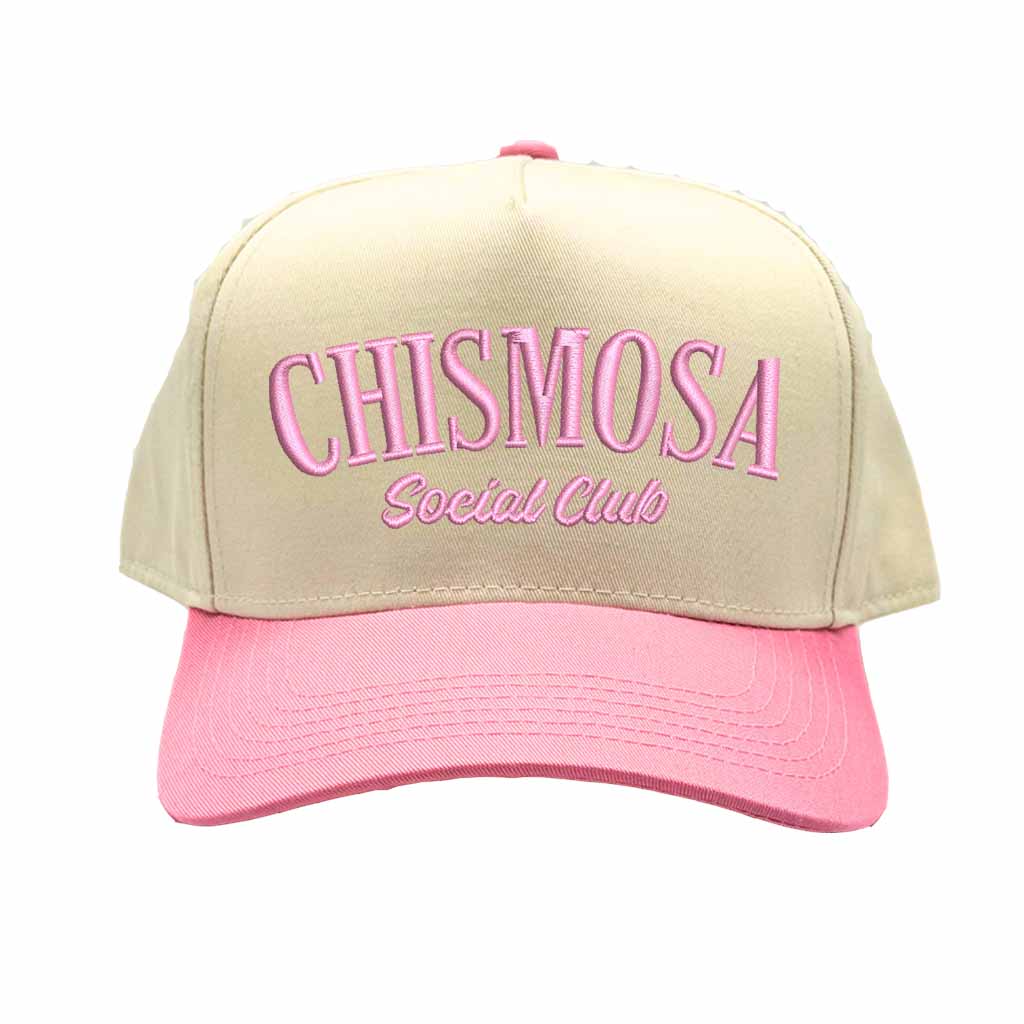 Natural Light Pink Chismosa Social Club embroidered 5 panel baseball hat with premium stitching and adjustable strap – DSY Lifestyle