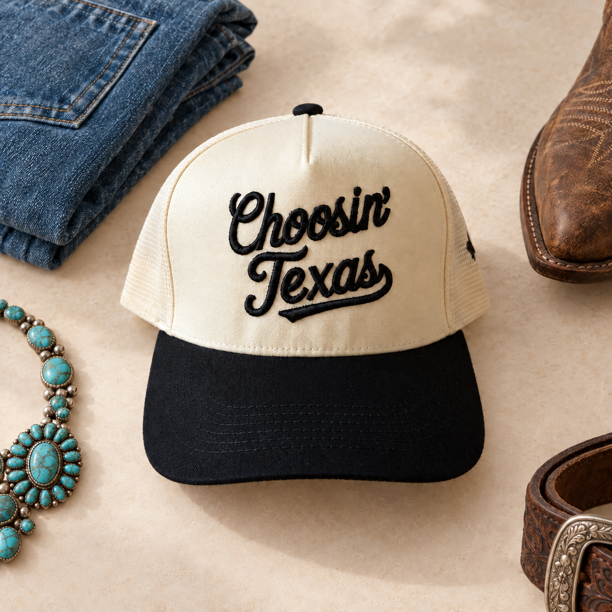 Choosin’ Texas two-tone embroidered trucker hat styled flat lay
